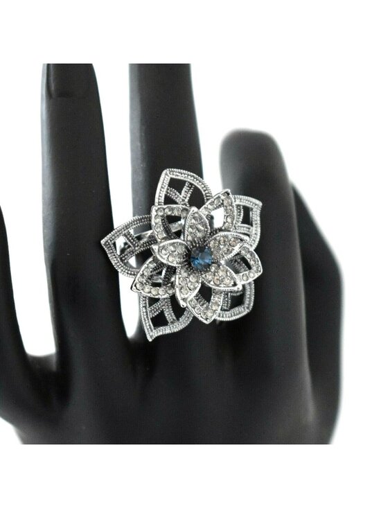 Unbranded Jewelry - Blue Crystal Flower Ring Silver Rhinestone Statement Cocktail Jewelry Size 6.25